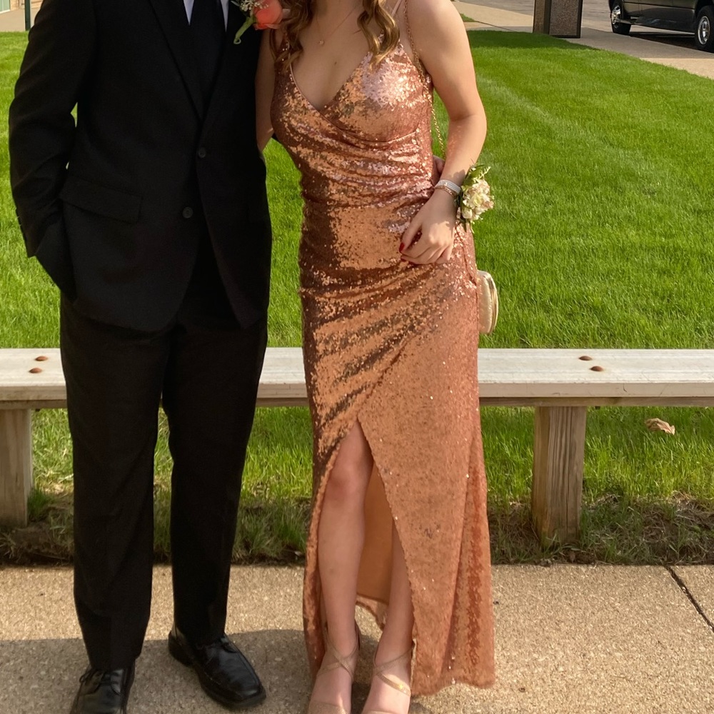 Rose gold sequin prom dress, size 5, leg slit, by Trixxi.